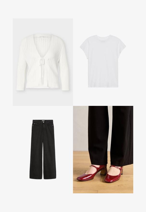 Hvid strikket cardigan med lange ærmer, lodrette hulmønstrede striber, dyb V-udskæring og bindelukning foran.; Hvid kortærmet t-shirt med rund hals, afslappet pasform, lavet af blødt bomuldsstof. Glat tekstur, ingen mønstre eller logoer.; Bredde ben sorte denim jeans med høj talje. Har fem lommer, metalhardware og en ren finish. Teksturen er glat og blød.; Røde patentlæder Mary Jane højhælede sko med firkantet tå, en rem over vristen og en lav blokhælt. Båret med sorte bukser.