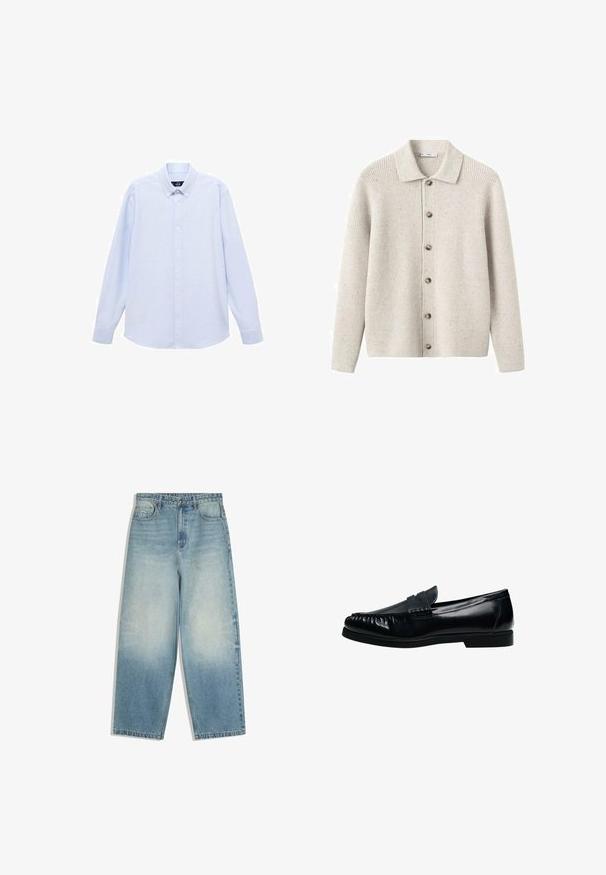 Lysegrå ribstrikket cardigan med krave, syv knapper foran og let struktur fra spraglede fibre i hele stoffet.; Lyseblå langærmet skjorte med knapper og klassisk krave, lige bund og subtil tekstur. Har en central knaplukning.; Lyseblå vide denimjeans med forlommer, knaplukning og falmet vaskepatina på lår og knæ.; Sort herre penny loafer i læder med syninger på mok-toe og lav hæl, vist i sideprofil på hvid baggrund.