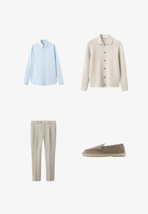 Cardigan gris clair côtelé avec col, fermeture devant à sept boutons, et légère texture due à des fibres mouchetées dans tout le tissu.; Chemise bleu clair à manches longues avec boutons, col pointu et poche poitrine, présentée sur fond blanc.; Pantalon de costume beige à fines rayures, pli creux à l’avant, poches latérales, passants de ceinture et fermeture par bouton à la taille.; Espadrille beige en daim à enfiler avec détails cousus et semelle en jute tressée, montrée de profil sur fond blanc.