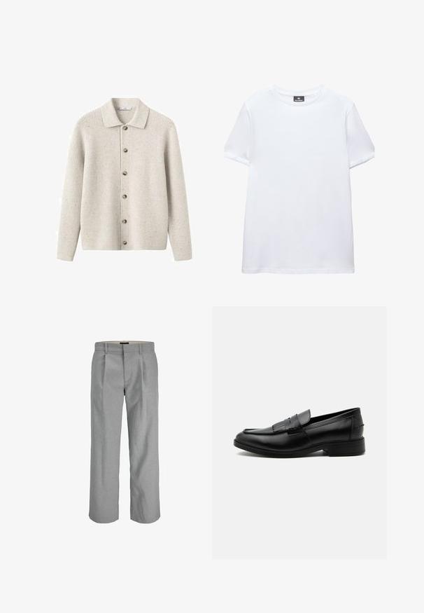 Cardigan gris clair côtelé avec col, fermeture devant à sept boutons, et légère texture due à des fibres mouchetées dans tout le tissu.; T-shirt blanc uni à manches courtes, col rond, avec une étiquette noire Pull&Bear à l'intérieur du col, présenté sur fond blanc.; Pantalons gris clair en tissu texturé, dotés de plis à l'avant, de jambes droites et d'une taille standard pour la fermeture.; Mocassin homme en cuir noir avec détail pompon, bout arrondi, talon bas et finition polie lisse, montré de profil sur fond blanc.