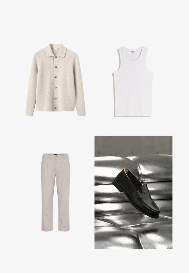 Lysegrå ribstrikket cardigan med krave, syv knapper foran og let struktur fra spraglede fibre i hele stoffet.; Hvid bomulds tanktop med rund halsudskæring og brede skulderstropper. Glat tekstur, uden mønstre eller detaljer, enkelt design.; Lys grå stribede bukser, lige pasform, med en enkelt knaplukning i taljen og to frontlommer. Glat tekstur.; Sort læderloafer svæver over en skinnende sølvfarvet, polstret lædersofa i et minimalistisk miljø.