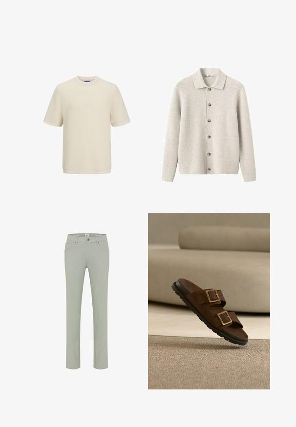 Lysegrå ribstrikket cardigan med krave, syv knapper foran og let struktur fra spraglede fibre i hele stoffet.; Cremefarvet kortærmet t-shirt i et struktureret strikmønster. Har en rund halsudskæring og en lige kant.; Lys grå, slanke bukser med lommer foran, bæltestropper og knaplukning, vist på en hvid baggrund.; Brun slidssandal med to justerbare spænder og en sort rillede sål, placeret over en beige tæppe- og sofa baggrund.