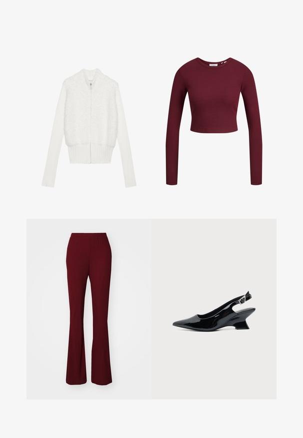 Cardigan zippé blanc avec un devant duveteux, des manches et un ourlet côtelés. Le design présente une texture douce avec un tirant de fermeture éclair en forme d'étoile.; Haut court bordeaux, manches longues, texture côtelée, encolure ronde, matériau doux, design ajusté. Étiquettes visibles au niveau du cou.; Pantalons évasés côtelés bordeaux avec une taille élastique. Ils présentent une texture lisse et une silhouette ajustée qui s'étend jusqu'à un ourlet évasé.; Chaussure slingback en cuir verni noir avec bout pointu et petit talon bloc incliné sur fond clair uni.