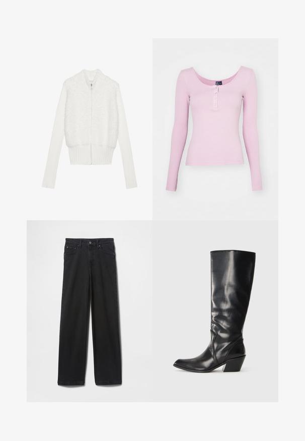 Hvid zip-up cardigan med en fluffy front, ribbede ærmer og kant. Designet har en blød tekstur med et stjerneformet lynlås trækk.; Rosa ribbet langærmet top med scoop halsudskæring og fem trykknapper foran. Glat tekstur med en tætsiddende design.; Sorte denimjeans med lige ben, knap- og lynlåslukning, lommer foran og bagpå samt en glat tekstur.; Sorte læder knæhøje støvler med spids tå, vinklet hæl og glat tekstur. Funktioner en subtil syning langs siden.