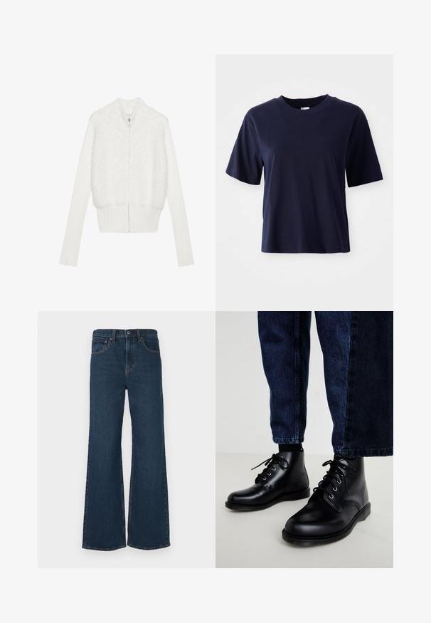 Hvid zip-up cardigan med en fluffy front, ribbede ærmer og kant. Designet har en blød tekstur med et stjerneformet lynlås trækk.; Mørkeblå bomulds T-shirt med korte ærmer, rund halsudskæring, afslappet pasform og glat tekstur. Ingen synlige mønstre eller detaljer.; Mørk vask, smækkede bukser lavet af denim. Har fem lommer, en knaplukning og synlige syninger langs sømmene.; Sorte ankelstøvler i læder med runde snuder, snørelukning, sølvfarvede forskruninger og teksturerede såler, kombineret med mørkeblå denimjeans.