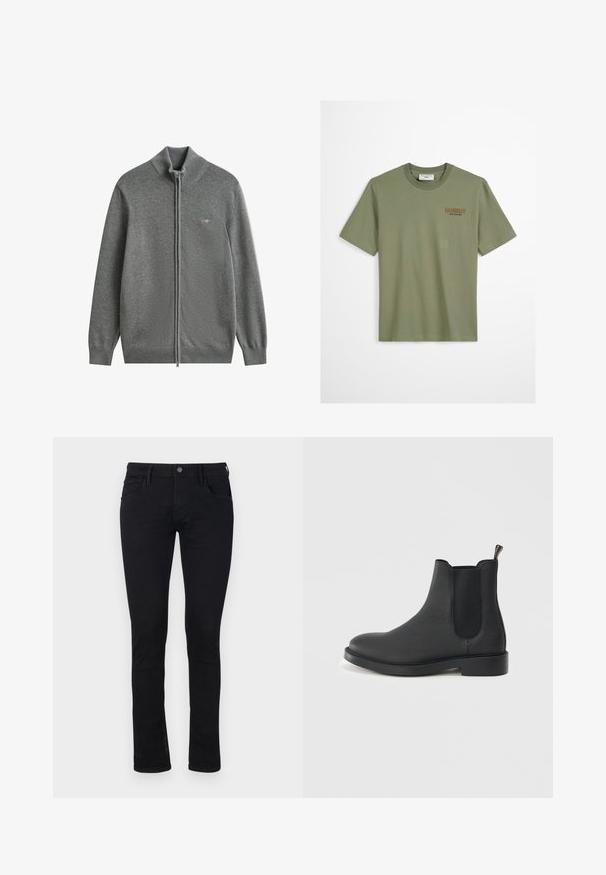 Grå strikket trøje med fuld lynlås, ribstrikket krave, manchetter og kant, med et lille broderet logo på venstre bryst.; Oliven grøn bomulds t-shirt med korte ærmer, rund hals og "Howdy" broderet i brunt på venstre bryst. Glat tekstur, afslappet pasform.; Sorte slim-fit jeans i denim materiale med en glat overflade. Med fem lommer og en lynlås med knaplukning i taljen.; Sort læder Chelsea-støvle med en tekstureret finish, elastiske sidetrapper, trækflap og en rund tå oven på en flad sål.