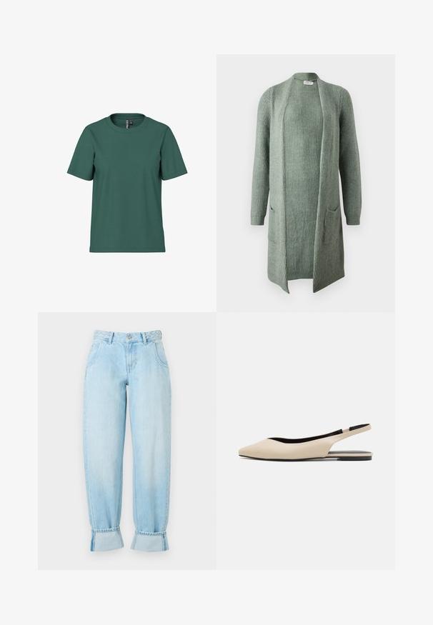 Lange cardigan met open voorkant in lichtgroen, met geribbelde textuur. Bevat twee voorzakken en lange mouwen met een aansluitende zoom. Gemaakt van zacht materiaal.; Korte mouwen t-shirt in donkergroene katoen met een ronde hals. Eenvoudig, onopvallend ontwerp en een ontspannen pasvorm. Zachte textuur, geen patronen.; Lichtblauwe denim jeans met een hoge taille, gevlochten taillebanddetail, losse pasvorm en opgerolde manchetten aan de zoom. Voorzien van steekzakken.; Beige leren slingback ballerina's met een spitse neus, minimalistisch ontwerp, gladde textuur en een lage zwarte zool.