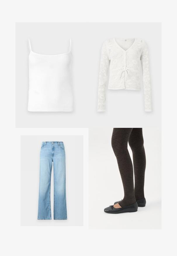 Witte gehaakte vest met lange mouwen, V-hals, knopen aan de voorkant en een strikdetail in de taille.; Witte geribbelde tanktop met dunne bandjes, ronde halslijn en een getailleerde pasvorm, gemaakt van een zachte katoenmengsel stof.; Lichtblauwe spijkerbroek met wijde pijpen, voor knoop en rits, riemlussen en vijfzakken ontwerp.; Benen met donkere geribbelde leggings gecombineerd met zwarte ballerina's met kleine strikdetails op een witte achtergrond.