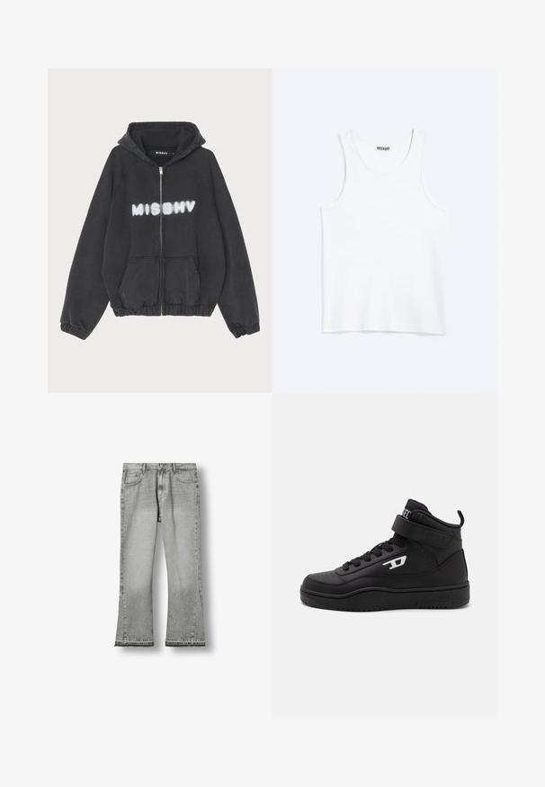 Hoodie noir avec zip sur le devant, poignets et ourlet côtelés. Présente "MISBHV" imprimé en lettres blanches de style graffiti sur la poitrine.; Débardeur blanc sans manches avec col rond et étiquette de la marque Weekday à l'intérieur du col arrière, présenté à plat sur un fond clair.; Jean gris à jambes larges avec poches avant et arrière, passants de ceinture, fermeture par bouton et ourlet brut.; Baskets montantes noires en cuir texturé, avec des accents perforés, une sangle ajustable et un logo blanc sur le côté. Semelle en caoutchouc et col rembourré.