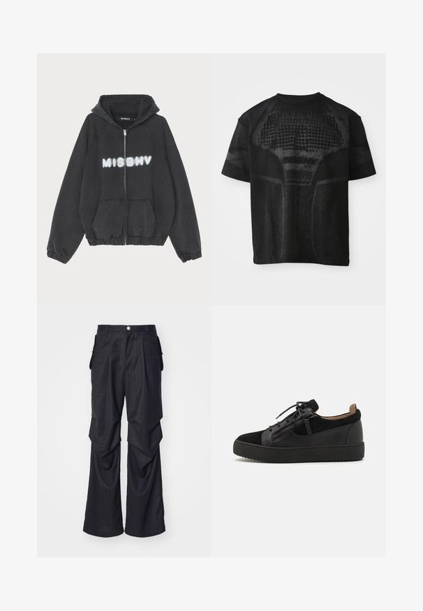 Schwarzer Hoodie mit Reißverschluss vorne, gerippten Bündchen und Saum. Mit „MISBHV“ in graffiti-artigem weißen Schriftzug auf der Brust.; Schwarz, kurzärmliges Sport-T-Shirt mit strukturiertem Muster und dezentem "MISBHV SPORT"-Text auf der Vorderseite.; Schwarze Nadelstreifen-Hosen mit weitem Bein, ausgestattet mit Falten, Seitentaschen und einem vorderen Knopfverschluss. Glatte Textur.; Giuseppe Zanotti DOUBLE ZIP - Sneaker low - black