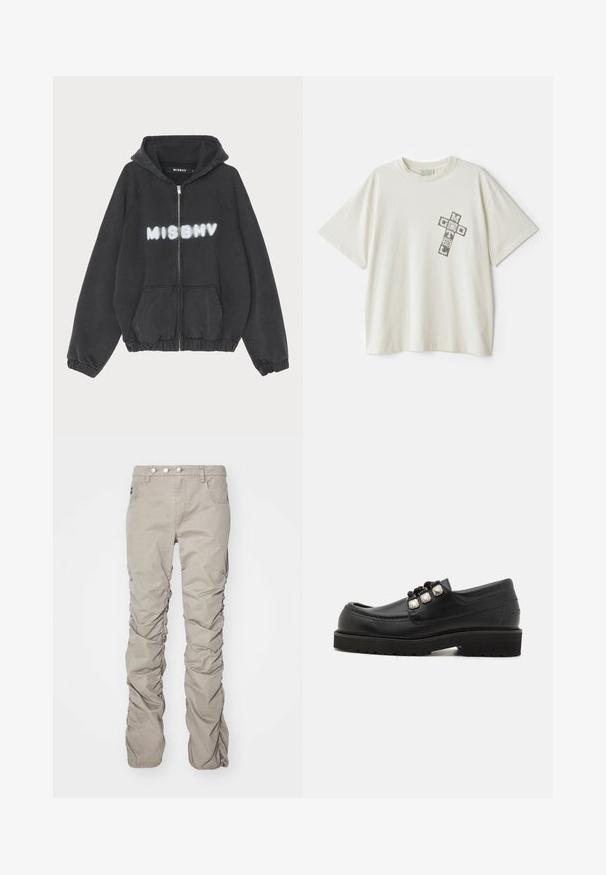 Black hoodie with a zip front, ribbed cuffs, and hem. Features “MISBHV” printed in graffiti-style white lettering across the chest.; Cream-colored cotton t-shirt with short sleeves; features a graphic print saying "MOTEL" and "GOD" in a cross arrangement on the left chest.; Beige, textured fabric pants with a ruched design, featuring a button fly, five pockets, and a straight leg cut.; Black leather loafers with a rounded toe, featuring three metallic accents and a textured sole for grip. Smooth upper and stitched detail.