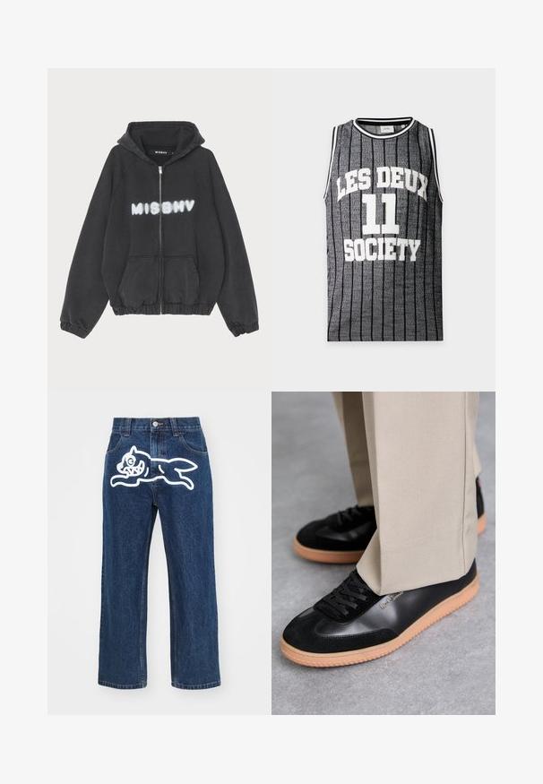 Hoodie noir avec zip sur le devant, poignets et ourlet côtelés. Présente "MISBHV" imprimé en lettres blanches de style graffiti sur la poitrine.; Maillot de sport gris sans manches en tricot avec des rayures verticales noires et un texte blanc indiquant "LES DEUX 11 SOCIETY" à l'avant.; Jean large bleu foncé avec un grand graphisme de chien cartoon blanc sur la poche arrière. Texture en denim, design traditionnel à cinq poches.; Paul Smith COMO - Baskets basses - black