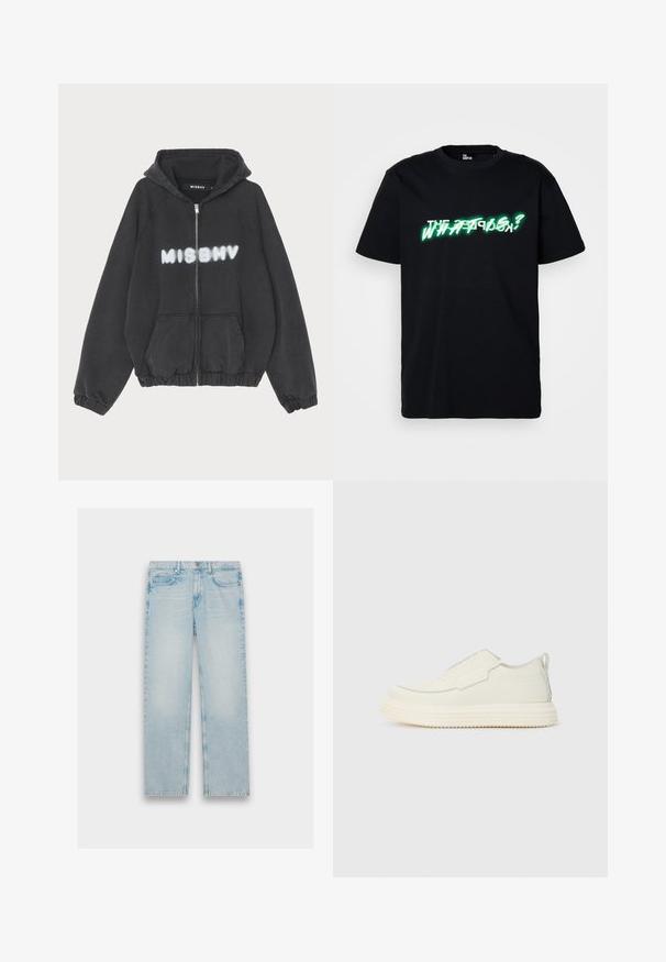 Schwarzer Hoodie mit Reißverschluss vorne, gerippten Bündchen und Saum. Mit „MISBHV“ in graffiti-artigem weißen Schriftzug auf der Brust.; Schwarzes Baumwoll-T-Shirt mit auffälligem grünen und weißen grafischen Text auf der Vorderseite, der "WAS IST?" lautet. Mit rundem Halsausschnitt und kurzen Ärmeln.; Hellblaue Jeans aus Denim mit geradem Bein, fünf Taschen und einem verwaschenen Finish. Metallbeschläge und gestickte Details sind sichtbar.; Slip-On-Sneaker aus off-weißem, strukturiertem Material mit dicker, geriffelter Sohle. Verfügt über minimale Nähte und einen dezenten hellblauen Akzent.