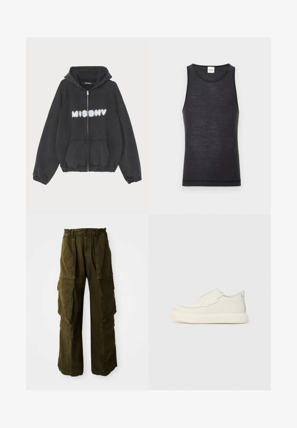Hoodie noir avec zip sur le devant, poignets et ourlet côtelés. Présente "MISBHV" imprimé en lettres blanches de style graffiti sur la poitrine.; Débardeur noir sans manches en matériau léger, avec un col rond et une texture subtile, doté d'un détail d'ourlet contrasté.; Pantalons cargo en vert olive foncé, fabriqués en coton texturé. Dotés d'une taille élastique, de plusieurs poches latérales et d'une coupe ample.; Sneaker sans lacets en matériau texturé blanc cassé avec une semelle épaisse et rainurée. Présente des coutures minimales et un accent bleu clair subtil.