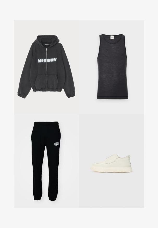Sudadera negra con cremallera en la parte delantera, puños y dobladillo acanalados. Presenta la impresión en letras blancas estilo graffiti de "MISBHV" en el pecho.; Top sin mangas negro, hecho de material ligero, con un escote redondo y una textura sutil, con un detalle de dobladillo en contraste.; Pantalones jogger de felpa negra con cintura elástica y puños. Presentan un logo blanco en el muslo izquierdo. Textura suave, corte relajado.; Zapatilla slip-on en material texturizado color blanco roto con una suela gruesa y estriada. Presenta costuras mínimas y un sutil acento azul claro.