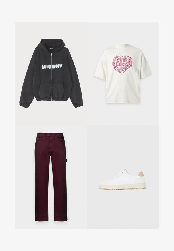 Zwarte hoodie met een rits aan de voorkant, geribbelde manchetten en zoom. Kenmerkt zich door "MISBHV" in graffiti-stijl witte letters op de borst.; Wit T-shirt met korte mouwen, met een roze hartvormige afbeelding met gestileerde tekst "FAVELA STUDIOS" in het midden.; Bordeaux denimbroek met een rechte pasvorm, vijf zakken, metalen knoopsluiting en riemlussen voor verstelbare maat.; Witte lage sneakers van textuurleer met een romige, ribbelige zool en een tankleurige hakaccent. Voorzien van witte veters en logodetail op de hak.