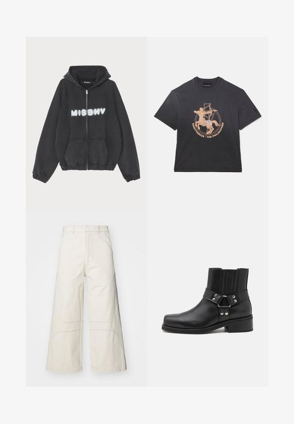 Sort hættejakke med lynlås foran, ribbede manchetter og kant. Har "MISBHV" trykt i graffiti-lignende hvid skrift over brystet.; Neil Barrett DROPPED SHOULDER ROCK BAND ZODIAC SAGITTARIUS - T-shirts print - black; A-COLD-WALL* FORMAT PANT - Bukser - beige bone; The Kooples CHAUSSURES - Cowboy- / bikerstøvlette - black