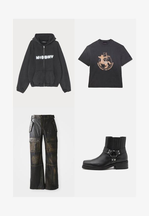 Schwarzer Hoodie mit Reißverschluss vorne, gerippten Bündchen und Saum. Mit „MISBHV“ in graffiti-artigem weißen Schriftzug auf der Brust.; Neil Barrett DROPPED SHOULDER ROCK BAND ZODIAC SAGITTARIUS - T-Shirt print - black; Schwarze Leder-Cargo-Hose mit abgenutzter Optik, großen Seitentaschen, hoher Taille und kontrastierender Naht entlang der Nähte.; The Kooples CHAUSSURES - Cowboy-/Bikerstiefelette - black