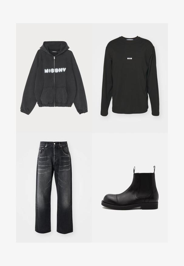 Schwarzer Hoodie mit Reißverschluss vorne, gerippten Bündchen und Saum. Mit „MISBHV“ in graffiti-artigem weißen Schriftzug auf der Brust.; Schwarzes Langarm-T-Shirt aus Baumwolle, mit einem kleinen weißen "MSGM"-Logo auf der Brust, Rundhals und lockerer Passform.; Schwarze gerade Jeans mit verblassten Falten an den Oberschenkeln, Vorderknopf, Reißverschluss und Fünf-Taschen-Design.; Schwarzer Chelsea-Boot aus Leder mit abgerundeter Spitze, elastischen Seiteneinsätzen, Zugschlaufen vorn und hinten, flacher Sohle, seitlich auf weißem Hintergrund abgebildet.