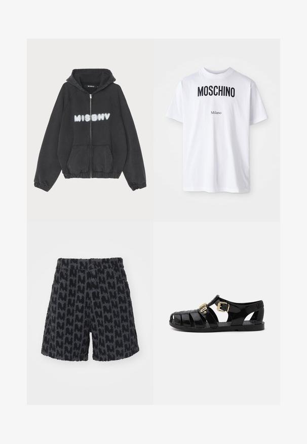 Sudadera negra con cremallera en la parte delantera, puños y dobladillo acanalados. Presenta la impresión en letras blancas estilo graffiti de "MISBHV" en el pecho.; Camiseta de algodón blanca con el texto en negrita negro "MOSCHINO" encima del texto más pequeño "Milano". Cuello redondo clásico y mangas cortas.; Pantalones cortos difusos en negro y gris con un patrón texturizado que resembla la letra "M". Cuentan con una cinturilla con botón y bolsillos laterales.; Sandalias de goma negras con diseño perforado, que cuentan con un cierre de hebilla dorada y una plantilla texturizada. Logo estampado en el talón.