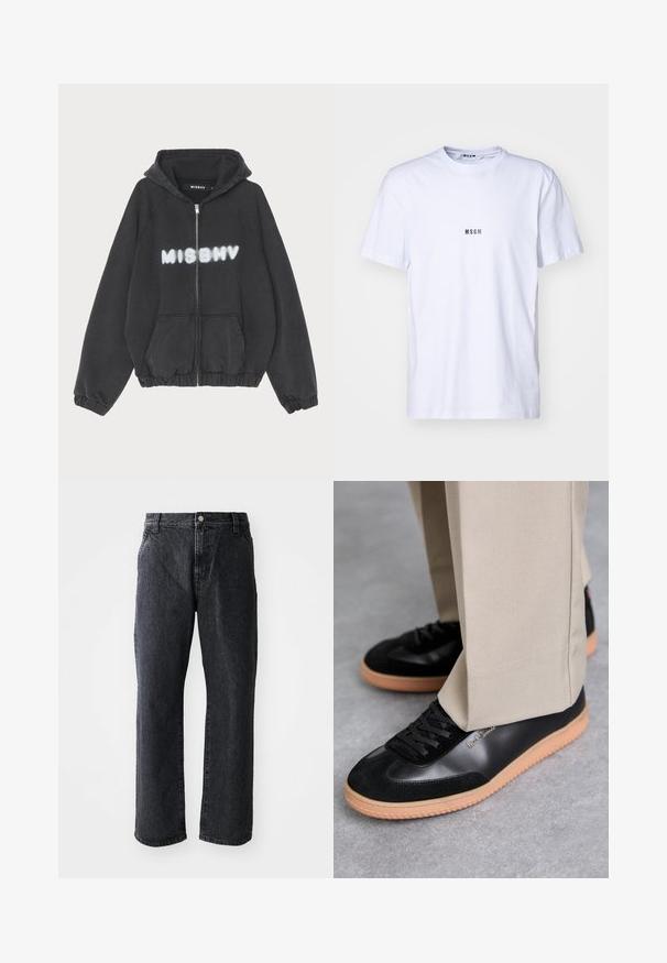 Sort hættejakke med lynlås foran, ribbede manchetter og kant. Har "MISBHV" trykt i graffiti-lignende hvid skrift over brystet.; Hvid bomulds T-shirt med rund halsudskæring, korte ærmer og et lille sort "MSGM" logo trykt på forsiden. Glat tekstur.; Sorte denim jeans med lige snit, med knaplukning, fem lommer og subtil tekstur. Klassisk design uden fremtrædende mønstre.; Paul Smith COMO - Sneakers - black