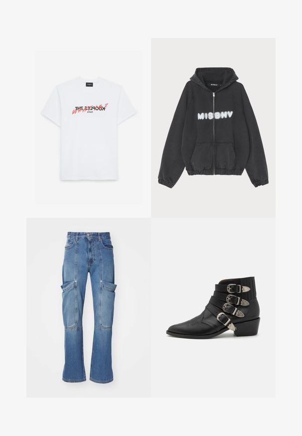 Zwarte hoodie met een rits aan de voorkant, geribbelde manchetten en zoom. Kenmerkt zich door "MISBHV" in graffiti-stijl witte letters op de borst.; Witte katoenen T-shirt met korte mouwen, voorzien van een zwart en koraal grafisch ontwerp. De tekst luidt: "DE KOOPLES? WAT?" en "PARIJS."; Lichte blauwe denim cargobroek met een hoge taille, meerdere zijzakken en wijde pijpen, met contrasterende stiksels en een ritssluiting.; Zwarte leren enkellaars met vier decoratieve zilveren gespen, puntige neus en een gestapeld hak met ribbels aan de bovenrand.