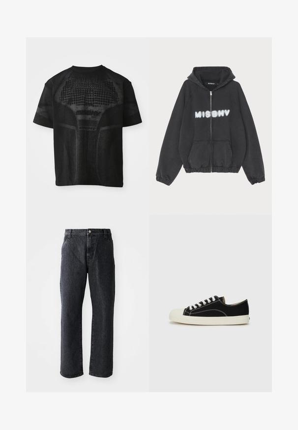 Zwarte hoodie met een rits aan de voorkant, geribbelde manchetten en zoom. Kenmerkt zich door "MISBHV" in graffiti-stijl witte letters op de borst.; Zwarte sport T-shirt met korte mouwen, voorzien van een gestructureerd patroon en subtiele "MISBHV SPORT" tekst aan de voorkant.; Zwarte denim jeans met een rechte pijp, voorzien van een knoopsluiting, vijf zakken en een subtiele textuur. Klassiek ontwerp zonder opvallende patronen.; Zwarte canvas sneakers met witte stiksels, een ronde rubberen neuskap en witte veters. Heeft een textiele bovenkant en een beige zool.