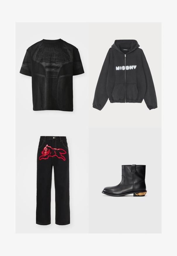 Schwarzer Hoodie mit Reißverschluss vorne, gerippten Bündchen und Saum. Mit „MISBHV“ in graffiti-artigem weißen Schriftzug auf der Brust.; Schwarz, kurzärmliges Sport-T-Shirt mit strukturiertem Muster und dezentem "MISBHV SPORT"-Text auf der Vorderseite.; Schwarze Denim-Jeans mit einem großen roten Grafikmotiv eines springenden Cats auf der Gesäßtasche, mit kontrastierendem gelben Nähten entlang der Nähte.; Schwarze Leder-Stiefelette mit glatter Oberfläche, runder Zehenpartie und einem goldakzentuierten Walmotiv an der Ferse. Minimalistisches Design.