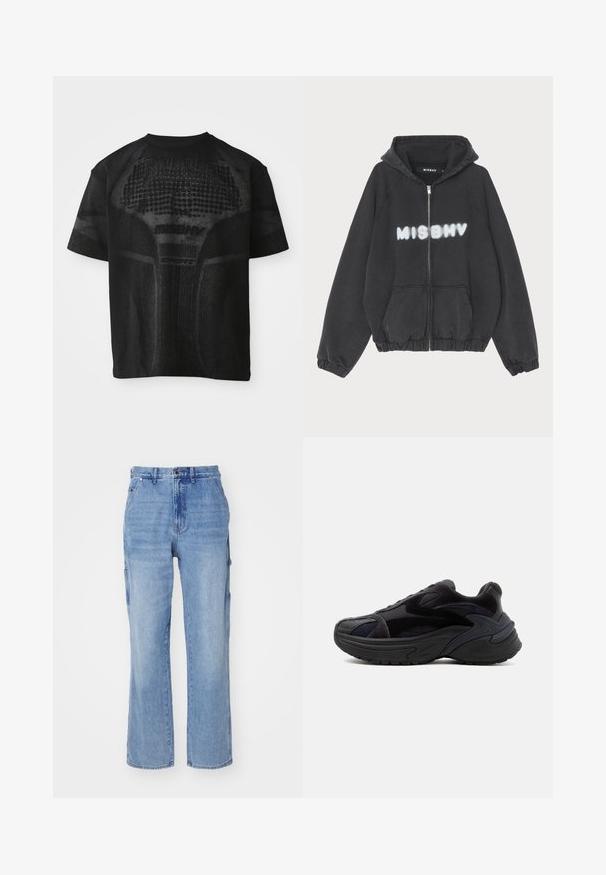 Zwarte hoodie met een rits aan de voorkant, geribbelde manchetten en zoom. Kenmerkt zich door "MISBHV" in graffiti-stijl witte letters op de borst.; Zwarte sport T-shirt met korte mouwen, voorzien van een gestructureerd patroon en subtiele "MISBHV SPORT" tekst aan de voorkant.; Lichtblauwe denim cargo pants met een rechtzijdig ontwerp, voorzien van zijzakken en een knoopsluiting. Zachte textuur en vervaagde was.; Zwarte chunky sneaker met dikke zool, suède- en meshpanelen, en getextureerde designdetails aan zijkant en teen.