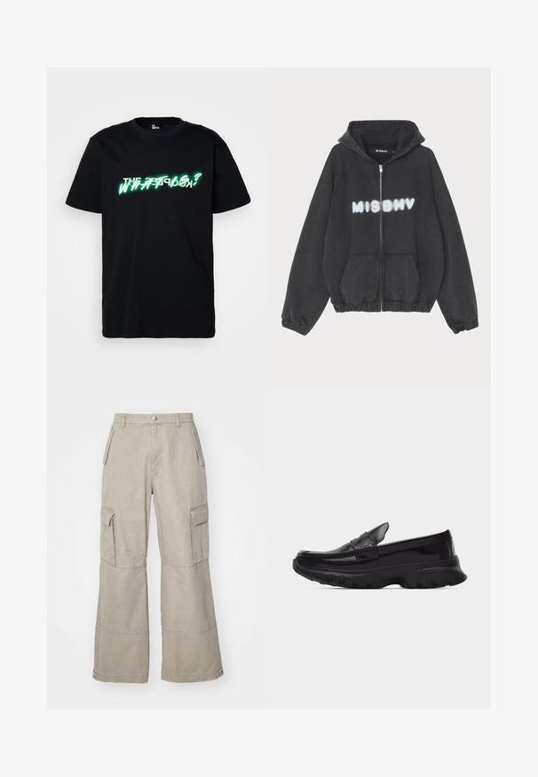 Zwarte hoodie met een rits aan de voorkant, geribbelde manchetten en zoom. Kenmerkt zich door "MISBHV" in graffiti-stijl witte letters op de borst.; Zwarte katoenen t-shirt met opvallende groene en witte grafische tekst "WHAT IS?" aan de voorkant. Ronde hals en korte mouwen.; Khaki cargobroek van katoenmix, met wijde pijpen, meerdere zijzakken en subtiele stikseldetails.; Zwarte glanzende loafer met dikke, getextureerde zool en gestikte details, zijaanzicht op een effen lichtgrijze achtergrond.