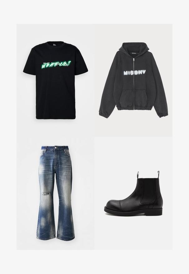 Zwarte hoodie met een rits aan de voorkant, geribbelde manchetten en zoom. Kenmerkt zich door "MISBHV" in graffiti-stijl witte letters op de borst.; Zwarte katoenen t-shirt met opvallende groene en witte grafische tekst "WHAT IS?" aan de voorkant. Ronde hals en korte mouwen.; Blauwe flared jeans met vervaagde gebieden en een versleten details bij de knieën. Gemaakt van denim, met een knoopsluiting en een vijf-pocket ontwerp.; Zwarte leren Chelsea-boot met afgeronde neus, elastische zijpanelen, aantreklussen voor en achter, platte zool, van opzij getoond op witte achtergrond.