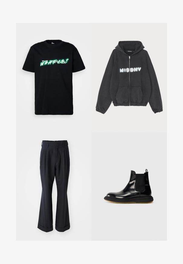 Zwarte hoodie met een rits aan de voorkant, geribbelde manchetten en zoom. Kenmerkt zich door "MISBHV" in graffiti-stijl witte letters op de borst.; Zwarte katoenen t-shirt met opvallende groene en witte grafische tekst "WHAT IS?" aan de voorkant. Ronde hals en korte mouwen.; Zwarte op maat gemaakte broek met een ontspannen pasvorm, geplooide voorkant en brede pijpen. Voorzien van een omgeslagen zoom en een soepele stoftextuur.; Zwarte leren Chelsea boot met een glanzende afwerking, elastische zijpanelen, trekhaak en een gestructureerde rubberen zool.
