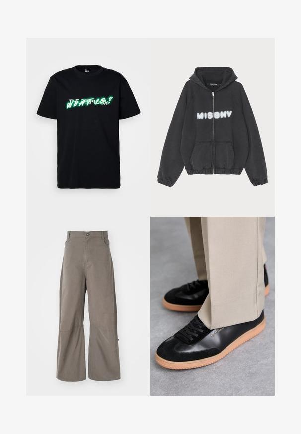 Zwarte hoodie met een rits aan de voorkant, geribbelde manchetten en zoom. Kenmerkt zich door "MISBHV" in graffiti-stijl witte letters op de borst.; Zwarte katoenen t-shirt met opvallende groene en witte grafische tekst "WHAT IS?" aan de voorkant. Ronde hals en korte mouwen.; Henrik Vibskov DART PANTS - Relaxed fit jeans - walnut; Paul Smith COMO - Sneakers laag - black