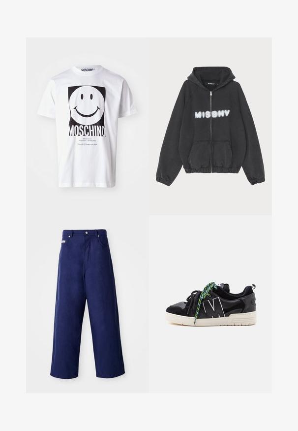 Sort hættejakke med lynlås foran, ribbede manchetter og kant. Har "MISBHV" trykt i graffiti-lignende hvid skrift over brystet.; Hvid bomulds T-shirt med et stort sort smiley-ansigt grafik, med "MOSCHINO" trykt nedenfor og arrangementsdetaljer i mindre tekst.; Bredde ben bukser i marineblå, lavet af blødt stof. Har en knaplukning og frontlommer, med en ren finish og ingen synlige mønstre.; Sort lavtop sneaker med hvid sål, stort hvidt omrids "M" på siden og mismatchede sorte og grønne mønstrede snørebånd.