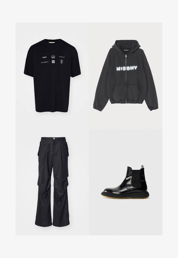 Zwarte hoodie met een rits aan de voorkant, geribbelde manchetten en zoom. Kenmerkt zich door "MISBHV" in graffiti-stijl witte letters op de borst.; Zwarte katoenen t-shirt met verschillende witte logo's en symbolen op de voorkant, met een klassieke ronde ronde hals en korte mouwen.; Zwarte pinstripe broek met een wijde broekspijpen ontwerp, voorzien van plooien, zijzakken en een knoopsluiting aan de voorkant. Glad materiaal.; Zwarte leren Chelsea boot met een glanzende afwerking, elastische zijpanelen, trekhaak en een gestructureerde rubberen zool.
