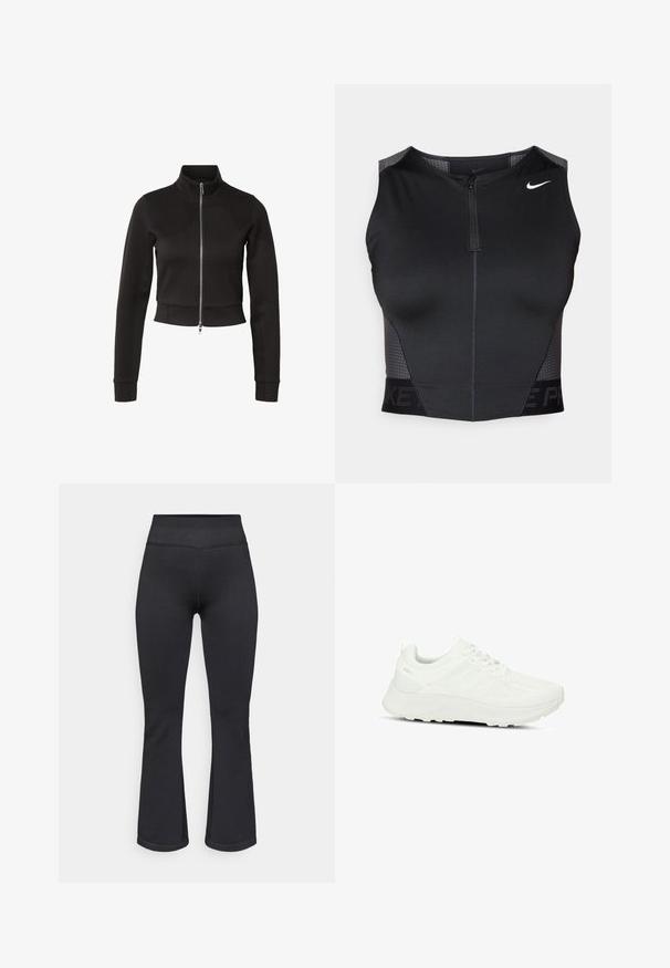 Sort kort jakke med lange ærmer, opretstående krave og central sølvlynlås.; Sort atletisk crop top med lynlåslukning, teksturerede skulderpaneler og trykt mærkelogo. Fremstillet af strækbart, åndbart stof.; Sorte flared bukser lavet af tekstureret stof med en høj talje. Designet har en tætsiddende pasform ved hofterne og en udvidet kant forneden.; Hvide atletiske sko med en tekstureret overdel og mesh-paneler, snørebåndsdesign, polstret sål og diskret logo på hælen.