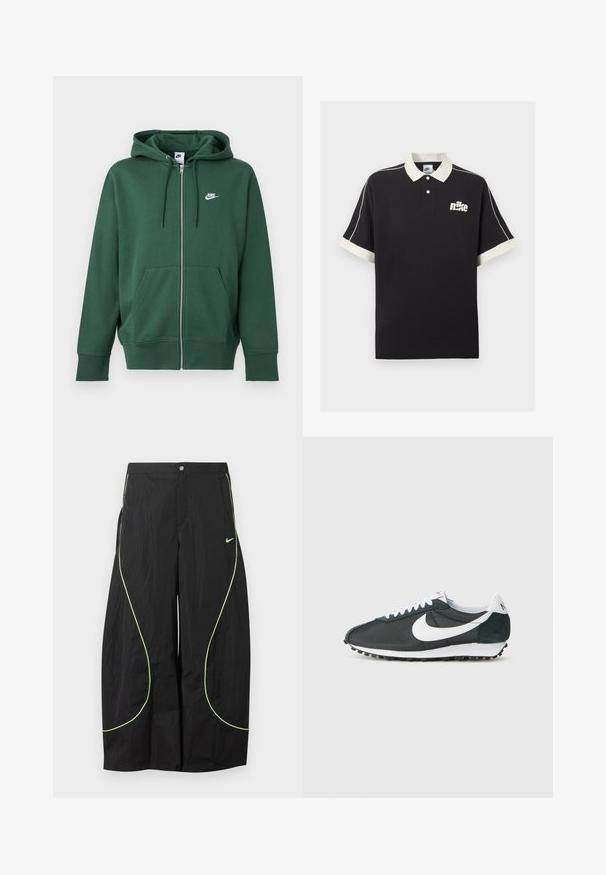 Grüner Nike Zip-Hoodie mit Vordertaschen, Kordelzugkapuze und weißem Logo auf der linken Brust, vor einem einfachen Hintergrund dargestellt.; Schwarzes Polohemd mit kurzen Ärmeln, weißem Kragen und Manschetten, weißen Paspelierungen an den Ärmeln und weißem Nike-Logo auf der linken Brust.; Schwarze Nike-Hose mit weitem Bein, neongrünem, geschwungenem Paspel und kleinem Nike-Swoosh-Logo auf dem rechten Oberschenkel, mit Knopf- und Reißverschlussbund.; Nike-Sneaker aus schwarzem Mesh mit weißem Swoosh, weißen Schnürsenkeln und dunkelgrünen Wildlederakzenten. Verfügt über eine strukturierte schwarze Gummisohle.