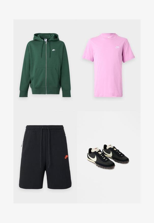 Grøn Nike hættetrøje med lynlås, forlommer, snoretræk i hætten og hvidt logo på venstre bryst, vist på en ensfarvet baggrund.; Lyse lilla Nike T-shirt med korte ærmer, rund halsudskæring og lille hvid Nike-logo på venstre bryst mod hvid baggrund.; Sorte Nike-shorts med elastisk talje, snøre, sidelommer og lille orange Nike-logo på venstre lår.; Sorte sportssko med en struktureret overdel, hvid swoosh-logo og gummisål med små stik til trækkraft. Elfenbensfarvet krave.