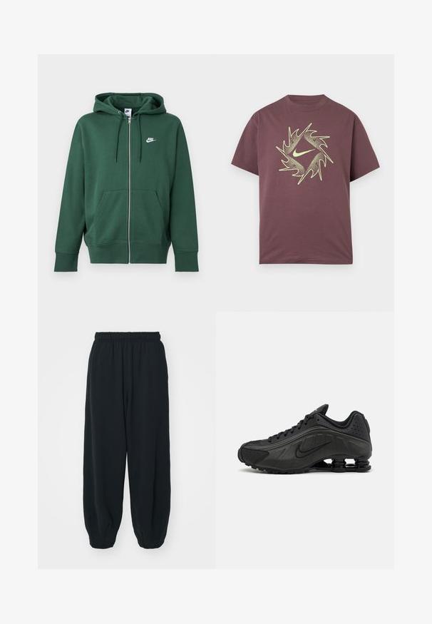 Grøn Nike hættetrøje med lynlås, forlommer, snoretræk i hætten og hvidt logo på venstre bryst, vist på en ensfarvet baggrund.; Kortærmet bordeaux T-shirt med et abstrakt, neon gult, spidset cirkeldesign og en central swoosh-logo på brystet.; Sorte svedbukser med elastisk talje, løs pasform, afsluttede ankler, glat tekstur og uden synlige mønstre eller hardware-detaljer.; Sorte løbesko med en glat syntetisk overdel, perforerede detaljer, teksturerede sidedele og en distinkt fjedrende sål.