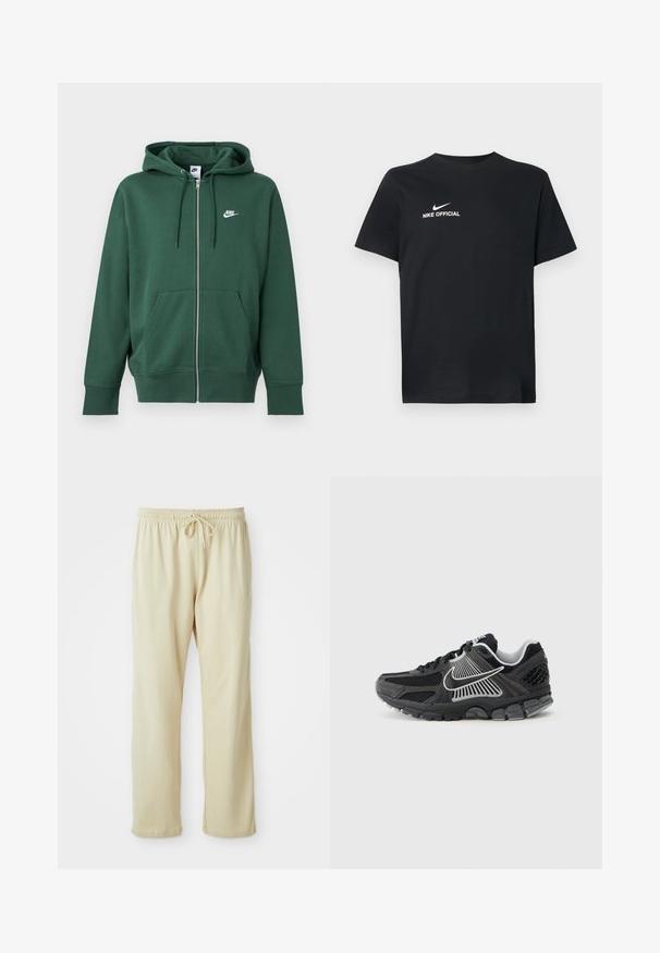 Groene Nike hoodie met ritssluiting, voorzakken, capuchon met trekkoord en wit logo op de linkerborst, afgebeeld op een effen achtergrond.; Zwart katoenen T-shirt met een ronde halslijn. Heeft een wit Nike-logo en de tekst "NIKE OFFICIAL" op de voorkant. Korte mouwen.; Lichtbeige sweatpants met een trekkoord in de taille, taps toelopende pijpen en een zachte textuur. Heeft een subtiel merkje op het onderbeen.; Zwarte sportschoen met meshpanelen en synthetische accenten. Heeft een afgeronde neus, een dikke, gedempte zool en contrasterende witte logodetails.
