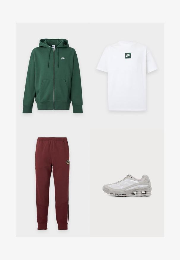 Sudadera con capucha verde de Nike con cremallera, bolsillos delanteros, capucha con cordón y logo blanco en el pecho izquierdo, mostrada sobre un fondo sencillo.; Camiseta blanca de manga corta de Nike con un pequeño logo cuadrado verde que presenta el símbolo swoosh de Nike y texto centrado en el pecho.; Chándal marrón con un logo hexagonal de Nike, cinturilla elástica, dos bolsillos laterales y rayas laterales blancas. Tejido texturizado con diseño de pierna ajustada.; Zapatilla deportiva gris y blanca con suela visible de amortiguación de aire y paneles de malla, mostrada de perfil sobre un fondo claro y sencillo.