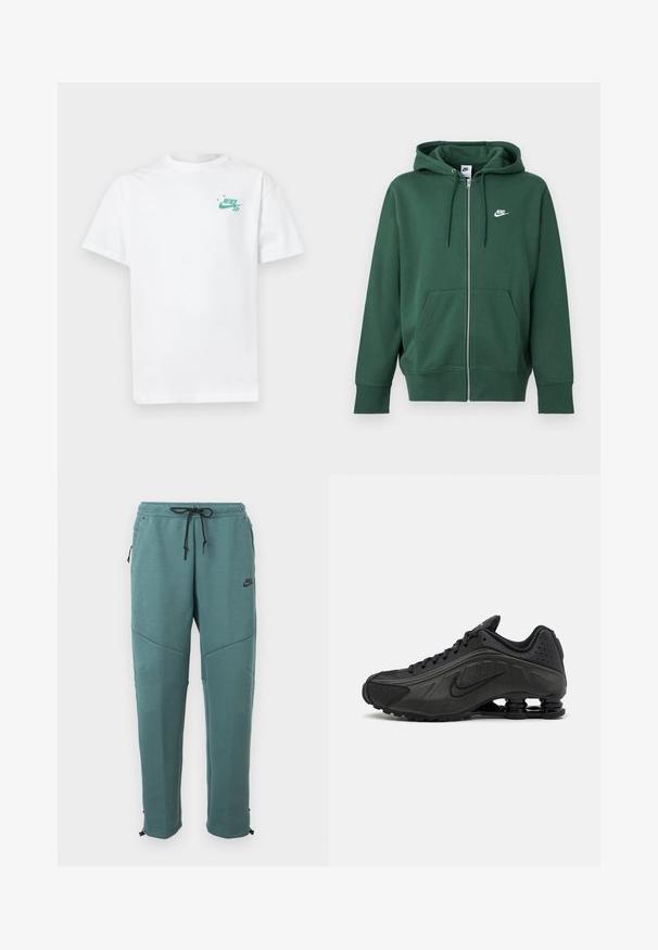 Zelená Nike mikina na zips s prednými vreckami, kapucňou so šnúrkou a bielym logom na ľavej strane hrudníka, zobrazená na jednoduchom pozadí.; Biela bavlnená tričko s malým zeleným logom Nike na ľavej hrudi. Krátke rukávy a klasický dizajn s okrúhlym výstrihom. Mäkká textúra.; Tmavomodré tepláky Nike s čiernym šnúrkovým pásom, zipsovými bočnými vreckami, detailmi na kolenách a zúženými nohavicami s nastaviteľnými manžetami.; Čierne bežecké topánky s hladkým syntetickým zvrškom, perforovanými akcentmi, textúrovanými bočnými panelmi a výraznou pružnou podrážkou.