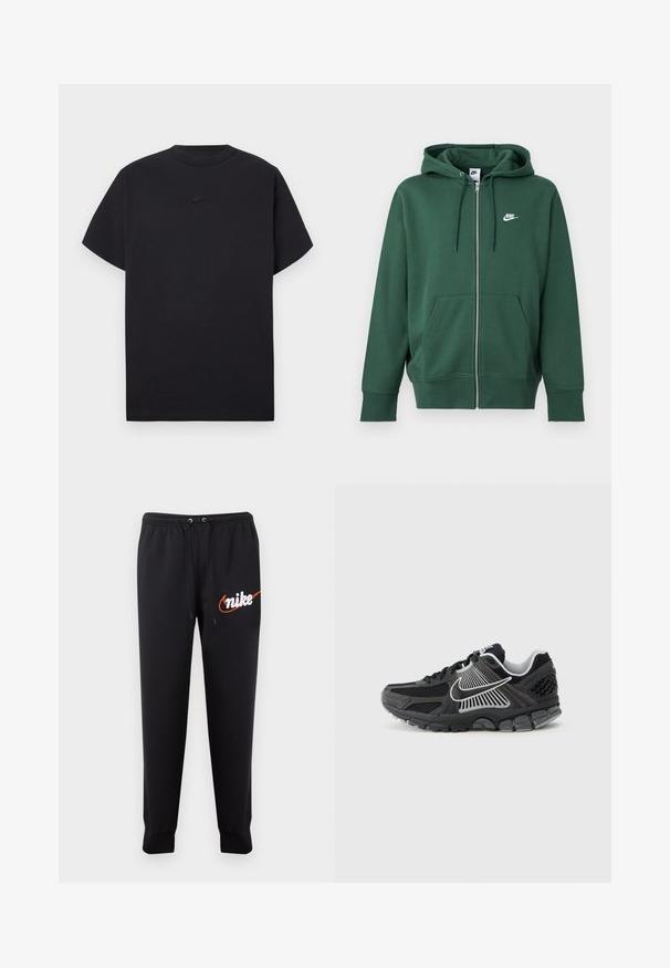 Groene Nike hoodie met ritssluiting, voorzakken, capuchon met trekkoord en wit logo op de linkerborst, afgebeeld op een effen achtergrond.; Zwart Nike-t-shirt met korte mouwen, ronde hals en klein zwart Nike-logo midden op de borst.; Zwarte Nike joggingbroek met elastische tailleband, trekkoorden, gerimpelde enkels en wit Nike-logo met oranje swoosh op de linker dij.; Zwarte sportschoen met meshpanelen en synthetische accenten. Heeft een afgeronde neus, een dikke, gedempte zool en contrasterende witte logodetails.