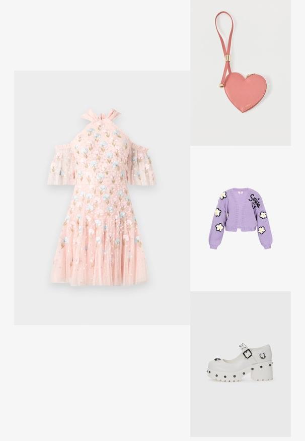 Cardigan tricoté lilas avec un design court, orné d'appliqués floraux noirs et blancs et du mot "Smile" brodé sur le devant.; Robe courte rose avec manches épaules dénudées, ornée de broderies florales bleues et roses, tissu en tulle transparent à couches, et encolure à volants.; Chaussures à plateforme blanches avec un bout arrondi, sangle à boucle et clous ronds. Semelle texturée avec un léger talon et détail de quincaillerie décoratif.; Pochette à pièces en cuir rose en forme de cœur avec sangle de poignet et fermeture éclair dorée, marquée d’un petit texte doré "Furla".