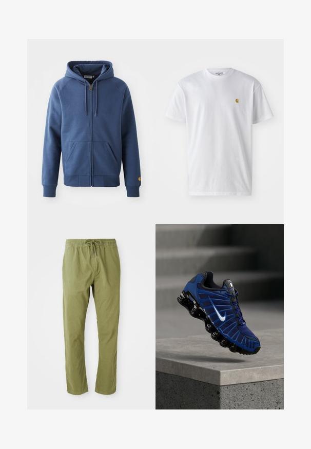 Sudadera azul con cremallera fabricada en mezcla de algodón, con capucha ajustable, bolsillos frontales y puños y dobladillo de canalé.; Camiseta de algodón blanca con mangas cortas, cuello redondo, que presenta un pequeño logo dorado en la parte izquierda del pecho. Textura suave y corte regular.; Pantalones de corte relajado en verde oliva con cinturilla elástica y cordón. Confeccionados en una tela suave con una textura lisa y perneras rectas.; Zapatilla de running Nike azul y negra con el logo swoosh blanco, flotando sobre un borde de hormigón con escalones texturizados en el fondo desenfocado.