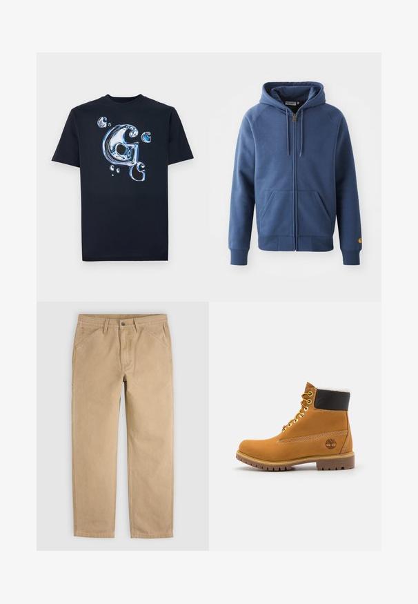 Sudadera azul con cremallera fabricada en mezcla de algodón, con capucha ajustable, bolsillos frontales y puños y dobladillo de canalé.; Camiseta de algodón negra con una letra "G" en estilo metálico brillante y burbujas en tonos de azul. Tienes mangas cortas y un ajuste clásico.; Pantalones beige casual de corte recto con bolsillos delanteros, trabillas para cinturón y cierre de botón, mostrados extendidos sobre un fondo claro.; Botín de cuero marrón con ojales de metal, forro de piel sintética blanca, cuello acolchado negro, suela resistente y logotipo en relieve en el costado.