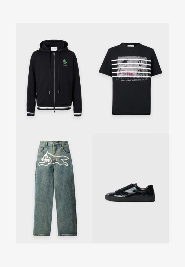 Sort lynlåshoodie med snørrelukning, hvidstribede ærmeender og kant, samt en lille grøn dinosaurlogo med "ICEBERG"-tekst på venstre bryst.; Sort t-shirt med hvide striber over en sort-hvid grafik af tegneseriefiguren Sylvester bag tremmer, med teksten "BUSTED" og tekst nedenunder.; Lyseblå denimjeans med en løs pasform, der har et stort hvidt kattegrafik på venstre ben og et traditionelt femlomme-design.; Sorte laklæder sneakers med rund tå, snørredesign, tekstureret gummisål og en glat overflade.