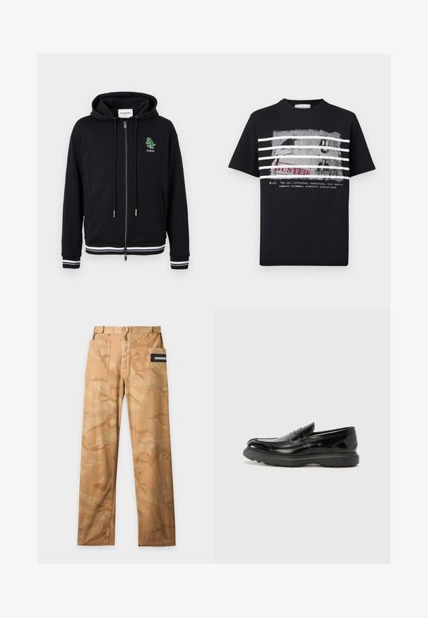 Hoodie zippé noir avec cordons, poignets et ourlet à rayures blanches, et petit logo dinosaure vert avec le texte "ICEBERG" sur le côté gauche de la poitrine.; T-shirt noir avec des rayures blanches sur un graphisme en noir et blanc du personnage de dessin animé Sylvester derrière des barreaux, avec le mot « BUSTED » et un texte en dessous.; Pantalon cargo camouflage beige et sable avec deux grandes poches avant et une fermeture éclair à l'avant sur un fond uni.; Mocassin en cuir noir avec une finition brillante, bout arrondi, détails de couture subtils et semelle en caoutchouc épaisse pour la durabilité.