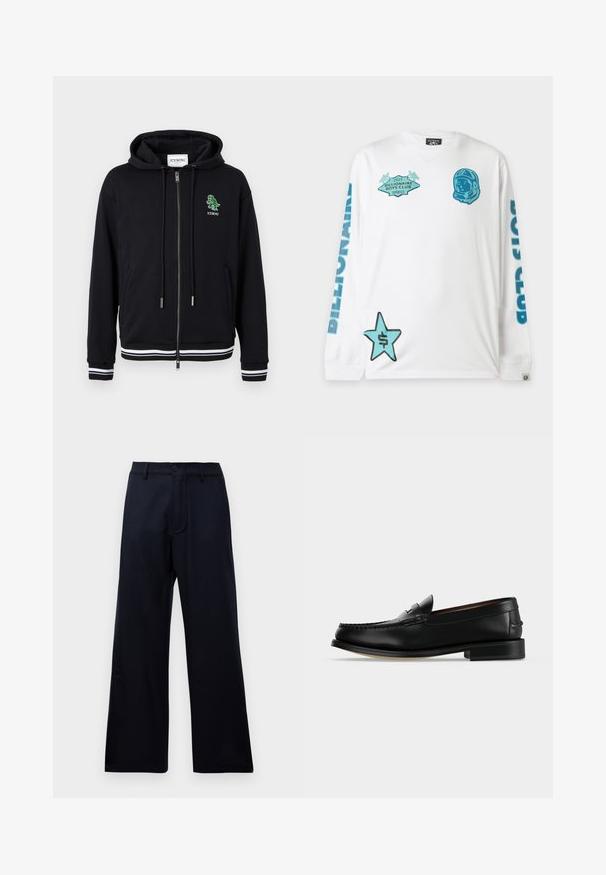 Sudadera con capucha negra con cremallera, cordones, puños y dobladillo con rayas blancas, y un pequeño logo de dinosaurio verde con el texto "ICEBERG" en el lado izquierdo del pecho.; Camiseta blanca de manga larga con texto azul "Billionaire Boys Club" en las mangas, gráfico de casco de astronauta azul y estrella azul con signo de dólar en el frente.; Pantalones anchos de cintura alta negros con pasadores de cinturón, botón frontal y cierre de cremallera sobre un fondo blanco liso.; Mocasín masculino de cuero negro con tacón bajo y costura estilo mocasín en la puntera, mostrado de lado sobre un fondo liso.