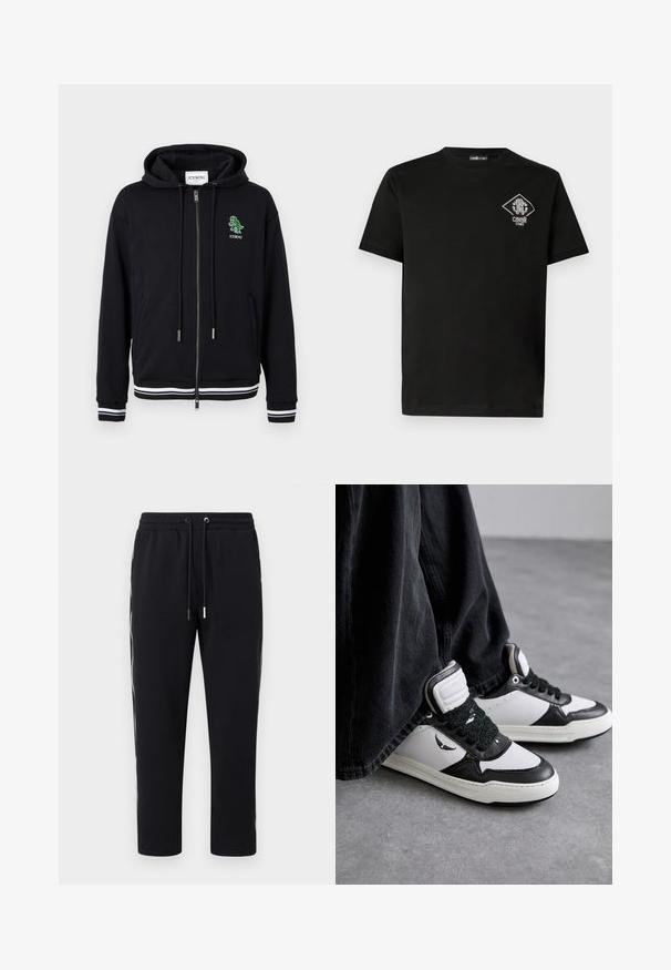 Sort lynlåshoodie med snørrelukning, hvidstribede ærmeender og kant, samt en lille grøn dinosaurlogo med "ICEBERG"-tekst på venstre bryst.; Sort bomuld t-shirt med rund hals, prydet med en diamantformet hvid logo-patch på venstre bryst. Korte ærmer, glat tekstur.; Sorte sweatpants med konisk pasform, elastisk talje, snøre, sidelommer og hvide sidelister mod en ensfarvet baggrund.; Sorte og hvide højtop sneakers med en struktureret sort snøredetalje, lavet af læder og syntetisk materiale, med et logo på siden.